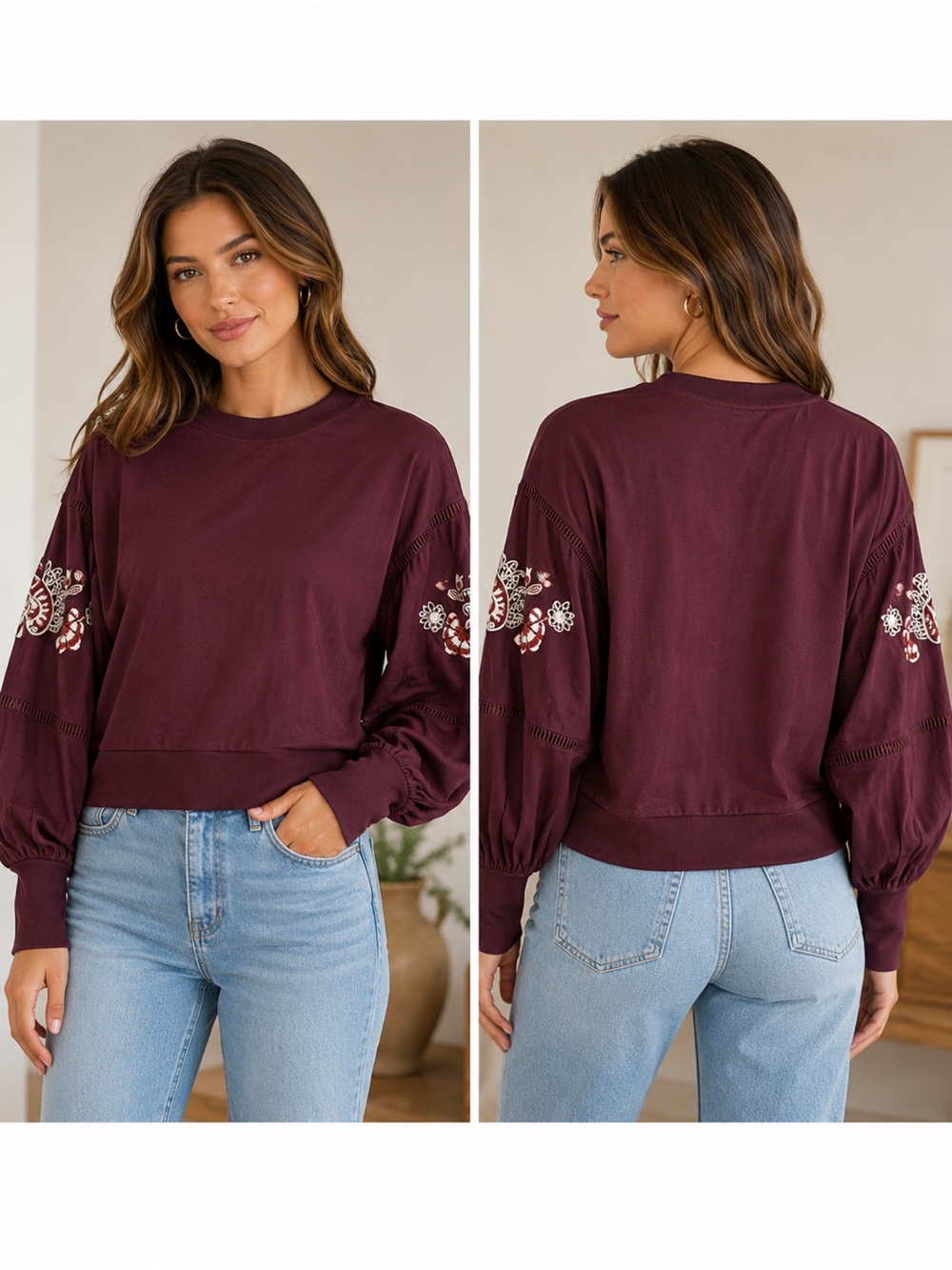 Francesca's Collections Maroon Embroidered Long Sleeve Top